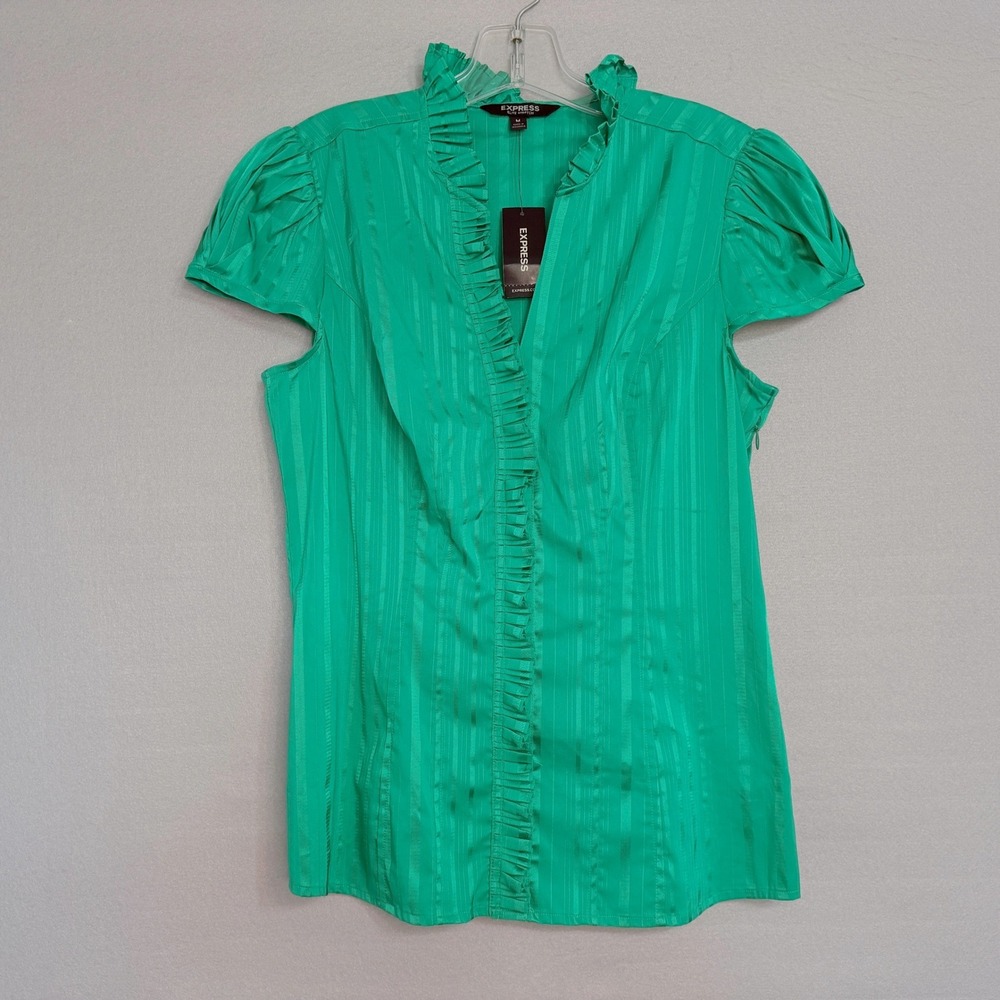Express Elite Stretch Ruffle Blouse Womens Size M Office Career Preppy Tailored